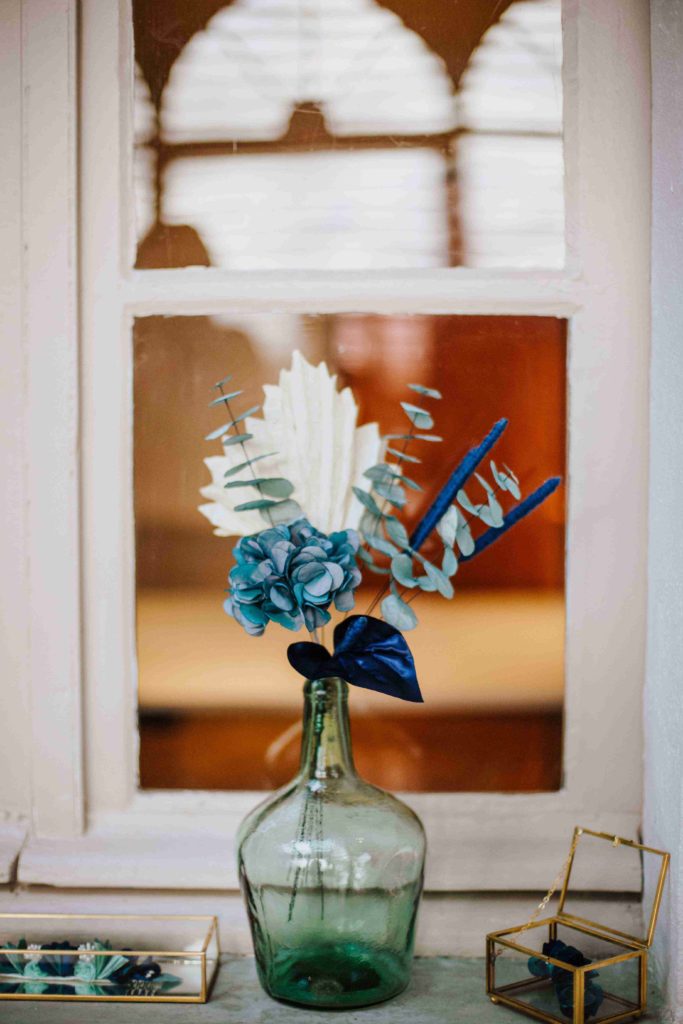 Alice Marty Couture florale bouquet tissu mariée bleu vert